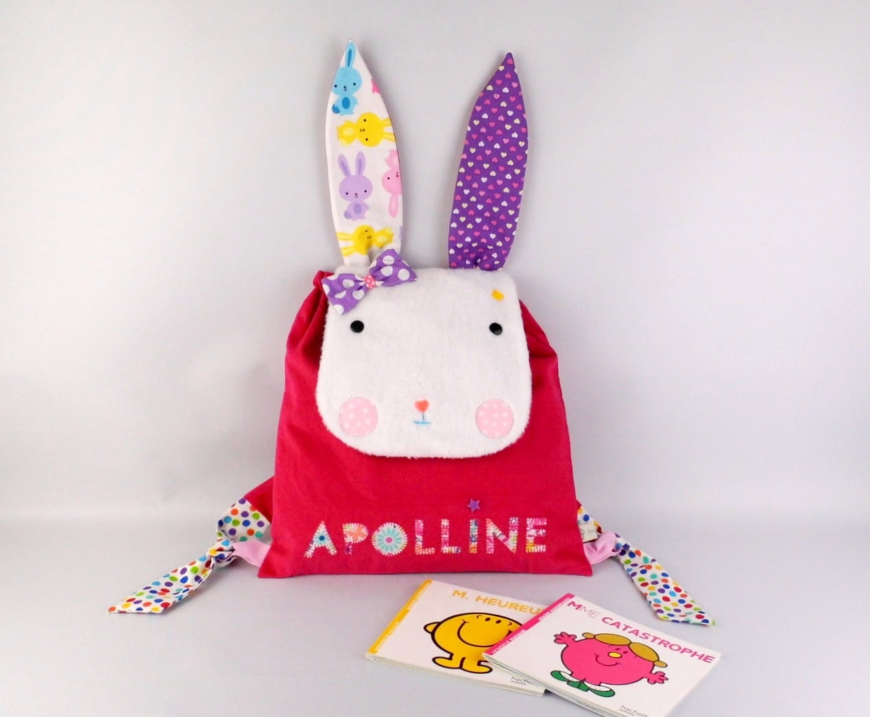 Peluche lapin rose - Sac à dos pour enfant avec prénom - Le fil d'Annie -  Créations textiles & Broderie personnalisée
