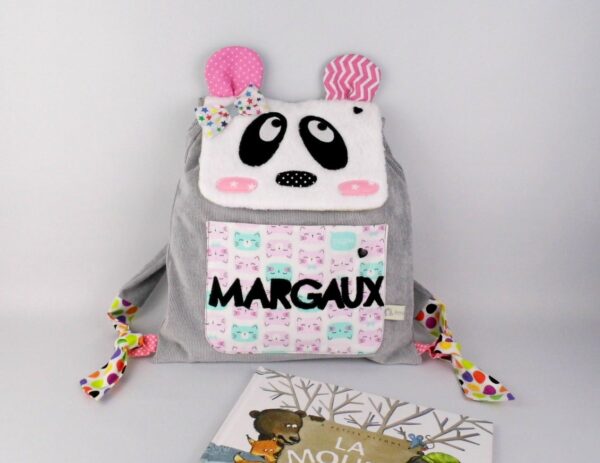 Idée cadeau d'anniversaire fille personnalisable, cadeau naissance personnalisé prénom Margaux, sac panda pour bébé, cartable panda