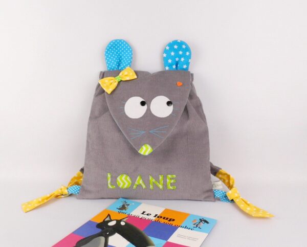 Sac à dos souris personnalisé prénom Loane, sac à dos personnalisable pour l'école maternelle, idée cadeau naissance fille
