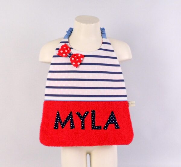 Bavoir enfant école maternelle personnalisé Myla, serviette de table elastiquée personnalisable