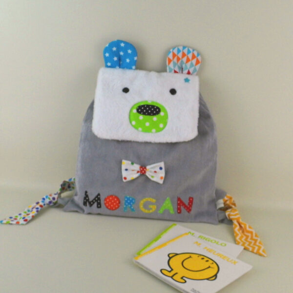 Sac à dos bébé personnalisable prénom Morgan, sac maternelle ours polaire personnalisé prénom, idée cadeau bébé premier anniversaire