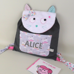 Sac à dos chat personnalisé, sac à dos maternelle brodé Alice, sac à dos chat personnalisable, idée cadeau naissance bébé fille unique