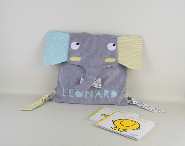 Sac à dos personnalisé Leonard, sac à dos éléphant personnalisable, sac à doudou éléphant personnalisé prénom