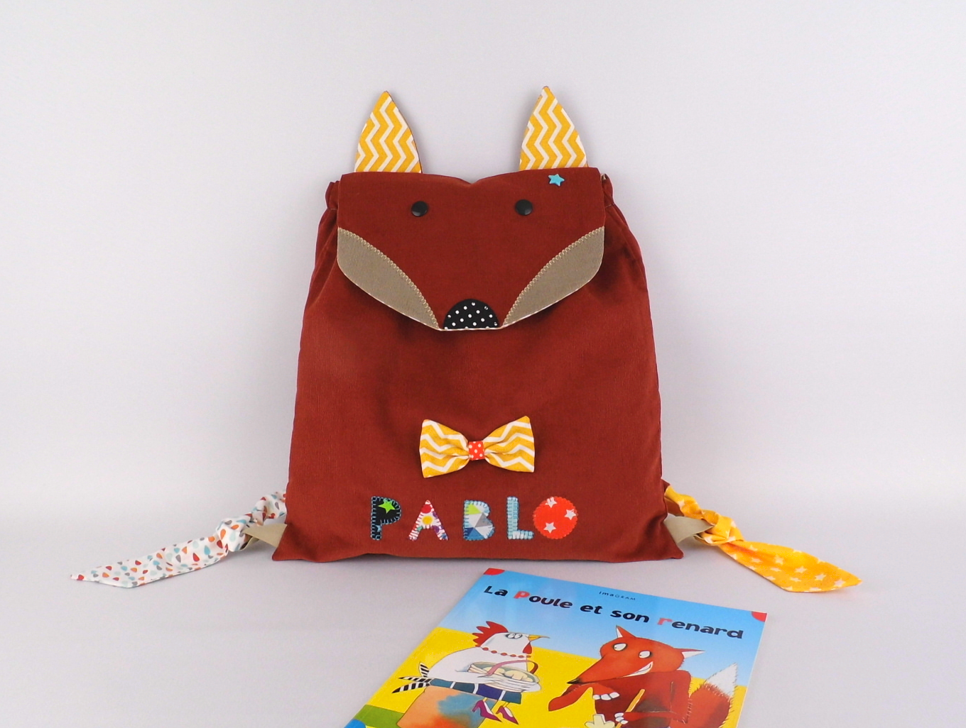 sac à dos enfant broderie personnalisée avec prénom et motif renard -  crèche ou école taupe orange