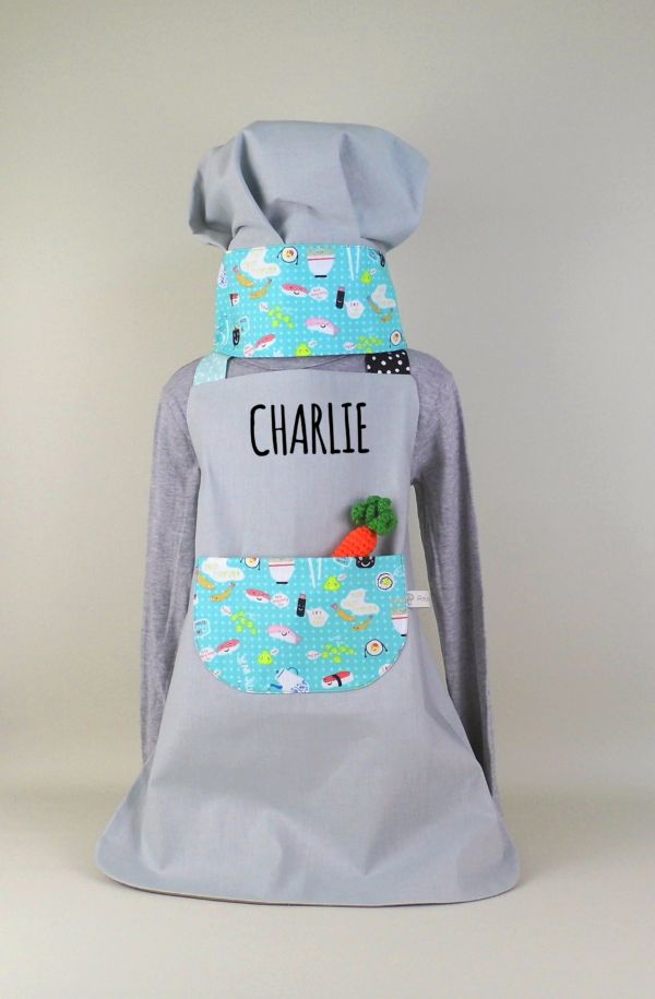 Tablier de cuisine et toque personnalisée pour enfant réglable de 2 à 6 ans, tenue de cuisinier personnalisé avec le prénom Charlie